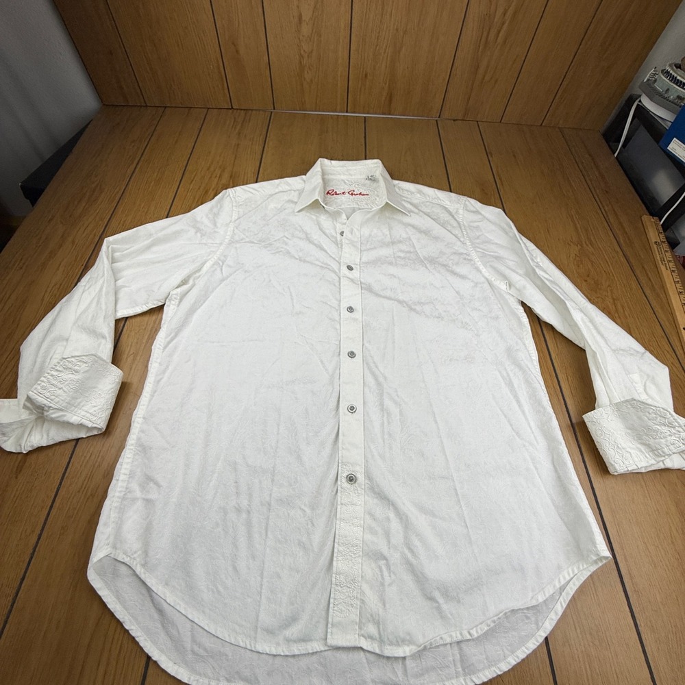 Robert Graham Mens White Paisley Jacquard Button Down Shirt Classic Fit Large